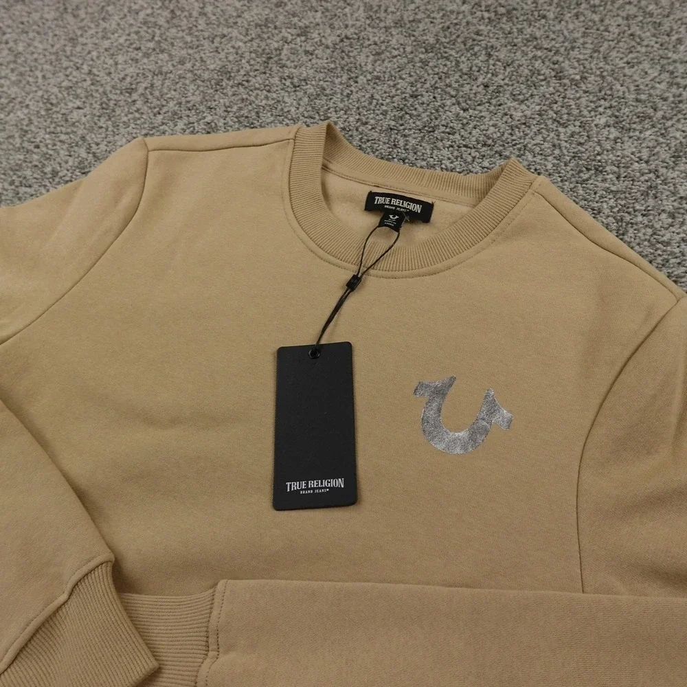 NEW True Religion Sweatshirt Mens S‎ Beige Buddha Logo Pullover Crewneck Sweater